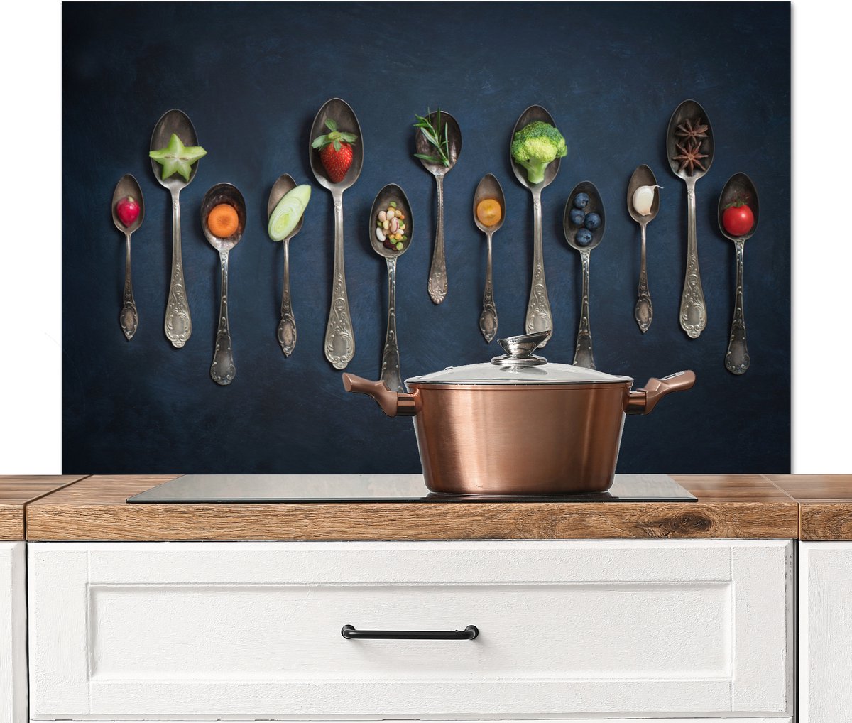 Spatscherm keuken 100x65 cm - Kookplaat achterwand Kruiden - Lepel - Zilver - Specerijen - Industrieel - Muurbeschermer - Spatwand fornuis - Hoogwaardig aluminium