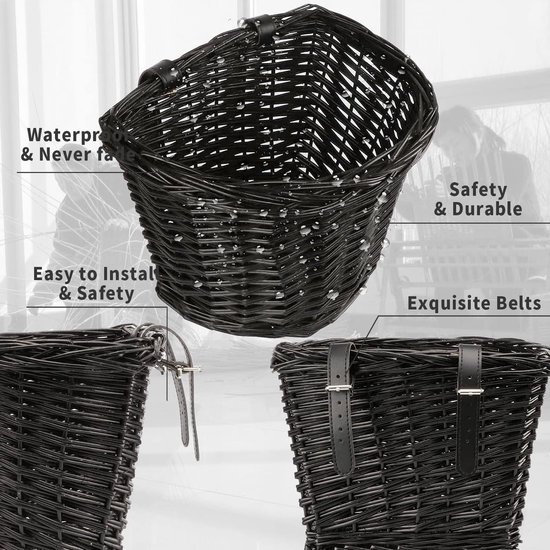 Panier Vélo Avant En Osier Synthétique - Grand Panier Tissé Étanche Guidon - Rangement Capacité Pour Courses Et Balades