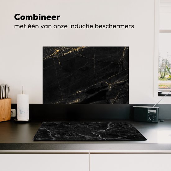 Spatscherm keuken 60x40 cm - Kookplaat achterwand Marmer look - Luxe - Zwart - Goud - Muurbeschermer - Spatwand fornuis - Hoogwaardig aluminium