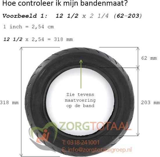 Zwarte buitenband van 12 1/2 x 2 1/4 met maatindicatie 62 mm x 203 mm. Diameter 318 mm, breedte 62 mm.