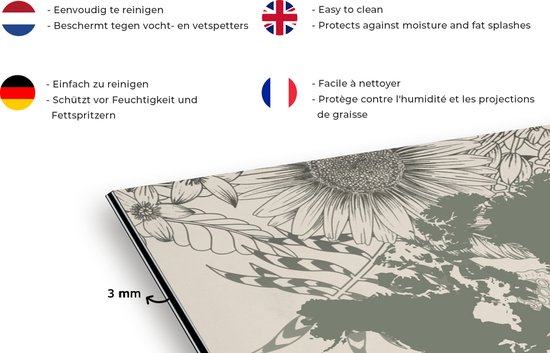 Spatscherm keuken 100x65 cm - Kookplaat achterwand Wereldkaart - Grijs - Bloemen - Muurbeschermer - Spatwand fornuis - Hoogwaardig aluminium