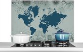 Spatscherm keuken 100x65 cm - Kookplaat achterwand Wereldkaart - Grijs - Blauw - Muurbeschermer - Spatwand fornuis - Hoogwaardig aluminium