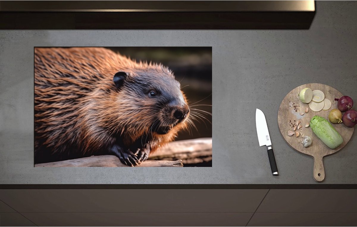Inductieplaat Beschermer - Bever hangt met poten over stuk hout heen - 75x51 cm - 2 mm Dik - Inductie Beschermer - Bescherming Inductiekookplaat - Kookplaat Beschermer van Zwart Vinyl