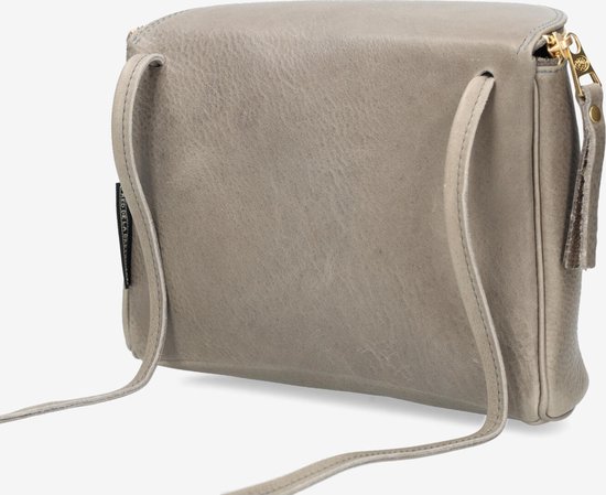 Grijze leren tas, zijaanzicht met schouderband.
