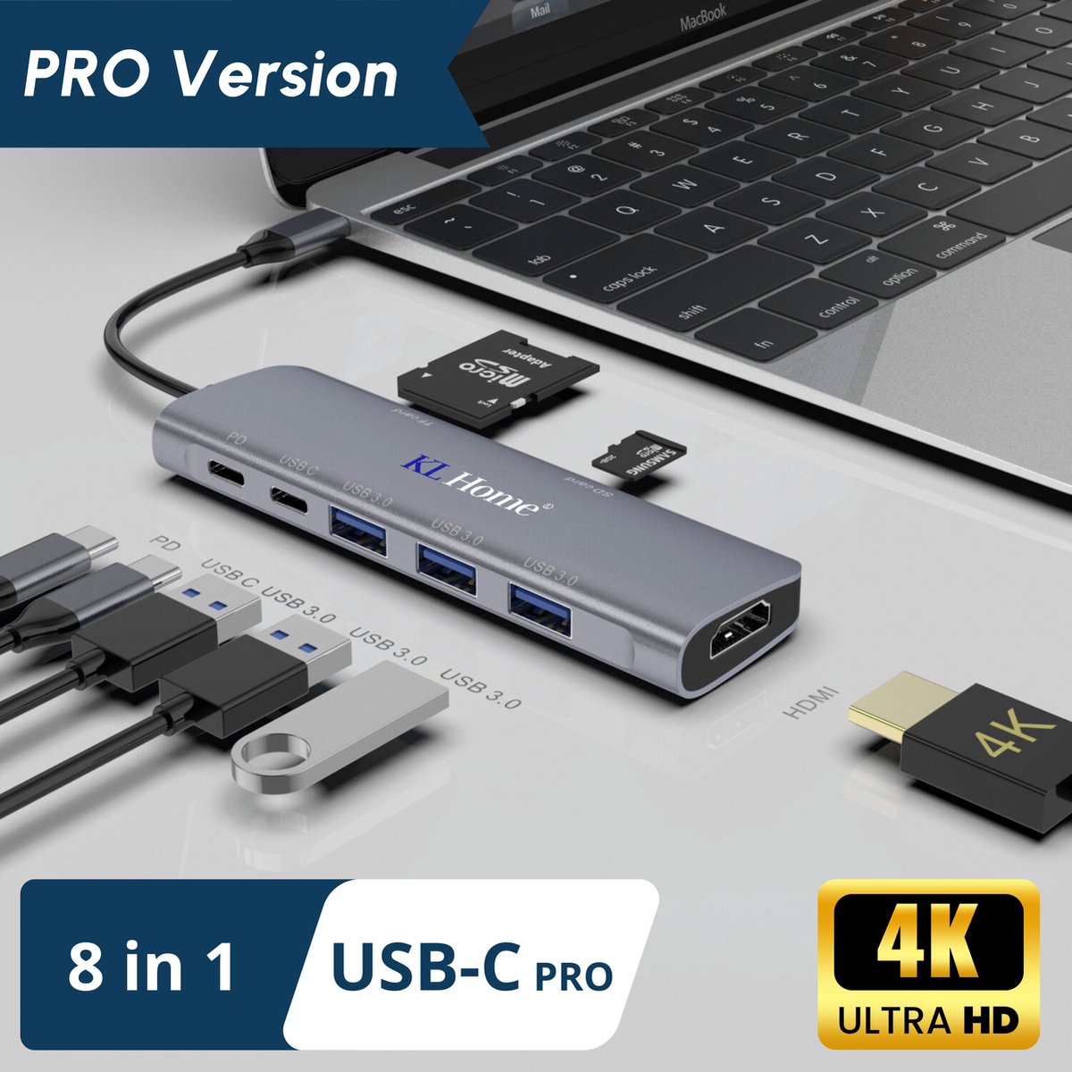 8 in 1 USB-C Hub - Docking Station – Laptop - Docking Station USB-C 3.0 – USB-C 100W opladen - 2x 4K HDMI - 1x VGA - Ethernetport