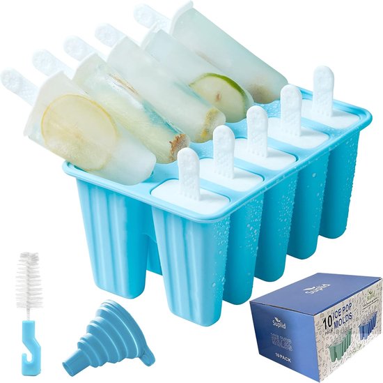 Foto: Pak van 10 ijsvormpjes food grade ijslollyvormpjes gemakkelijk te verwijderen ijsvormpjes siliconen herbruikbare ijsvorm bpa vrije ijslollyvormpjes met 10 stokjes reinigingsborstel recepten blauw 