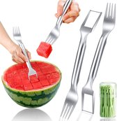 2-in-1 watermeloenvorksnijder, watermeloenen, vorksnijder, roestvrij staal, meloensnijder, blokjes, watermeloensnijder, snijgereedschap, snijgereedschap, snijder, multifunctionele fruitvork