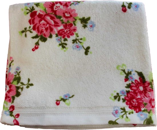 Homescapes badstof handdoek wit vintage bloemen roze