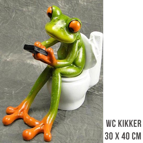 Allernieuwste.nl® Canvas Schilderij WC Kikker met Mobiele Telefoon - Humor - Toilet Kikker met Mobieltje - kleur - 30 x 40 cm