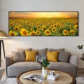 Allernieuwste.nl® Canvas Schilderij Zonnebloemen Veld Landschap - Woonkamer - Poster - 50 x 150 cm - Kleur