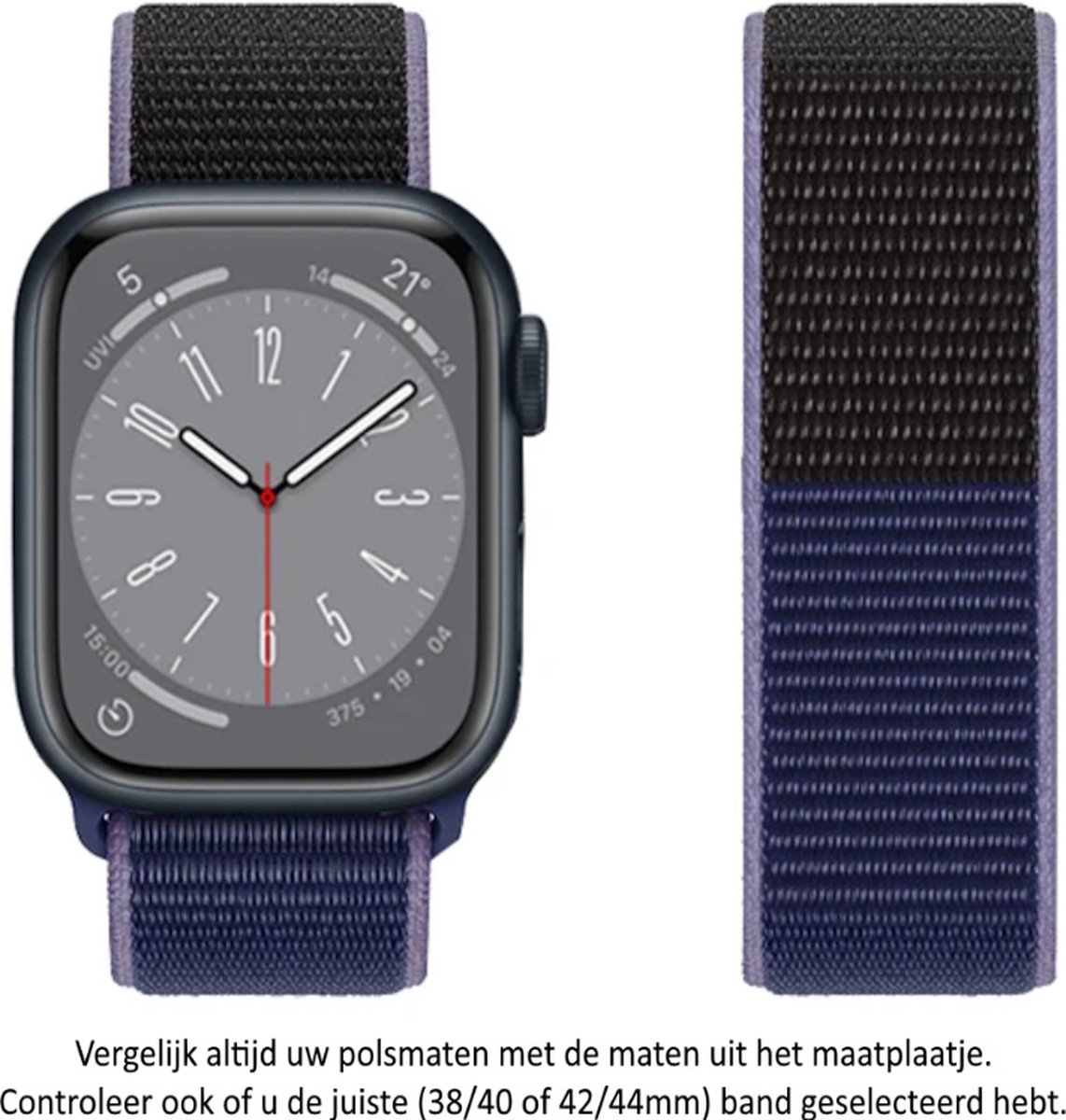 Blauw Zwarte Nylon Horloge Band met Lila / Paarse randjes geschikt voor Apple Watch 1, 2, 3, 4, 5, 6, 7, 8, SE, 38mm, 40mm & 41mm "Vrouwenbreedte" Series - Zacht Geweven Nylon - 38 mm, 40 mm en 41 mm - blue black - Maat: zie maatfoto