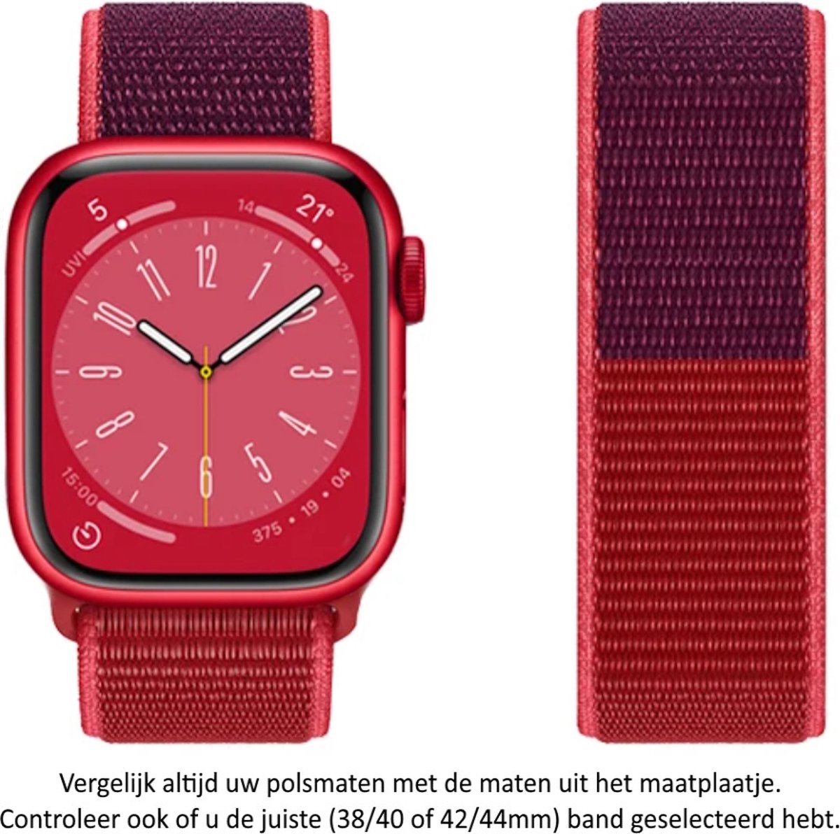 Rode Nylon Horloge Band geschikt voor Apple Watch 1, 2, 3, 4, 5, 6, 7, 8, SE & Nike+, 42mm, 44mm & 45mm "Mannenbreedte" Series Zacht Geweven Nylon 42 mm, 44 mm en 45 mm - Meerdere tinten rood - Maat: zie maatfoto
