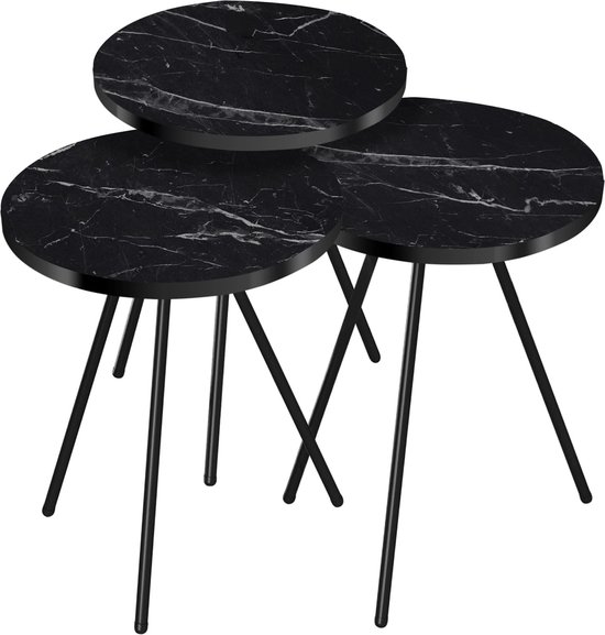 In And OutdoorMatch Table d'appoint In And OutdoorMatch Nordin - Set de 3 - Ronde - Marbre Zwart et Zwart - Aggloméré et Métal - Design élégant