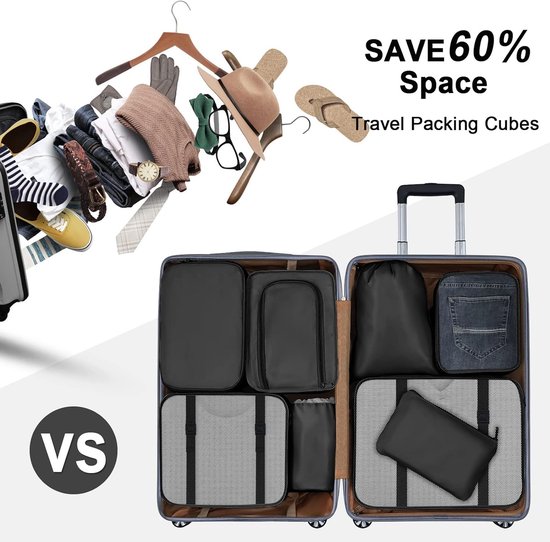 Packing Cubes, kledingtassen, koffer-organizer voor vakantie en reizen, set pakkubussen (Antraciet