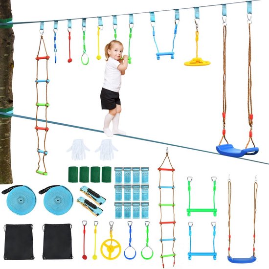 Foto: Trendmix ninja warrior set 15 meter met 9 obstakels slackline voor kinderen buiten speelset verstelbare obstakels kleurrijke speelset