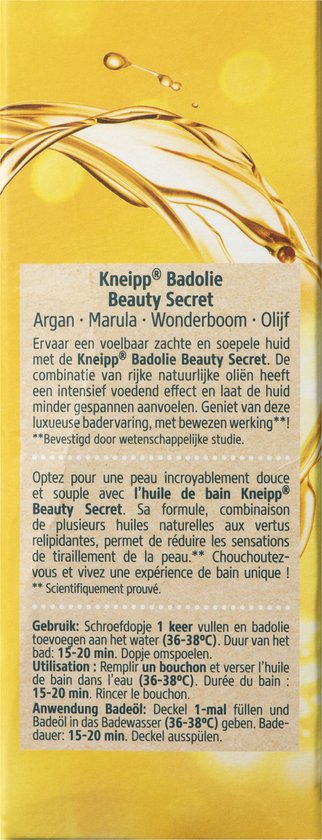 Verpakking Kneipp Beauty Secret badolie, goudkleurig met bruin label. Argan, Marula, Wonderboom Olie.