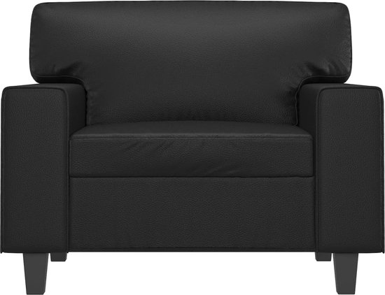 Zwarte fauteuil met rechte rugleuning, zitting en vierkante armleuningen.