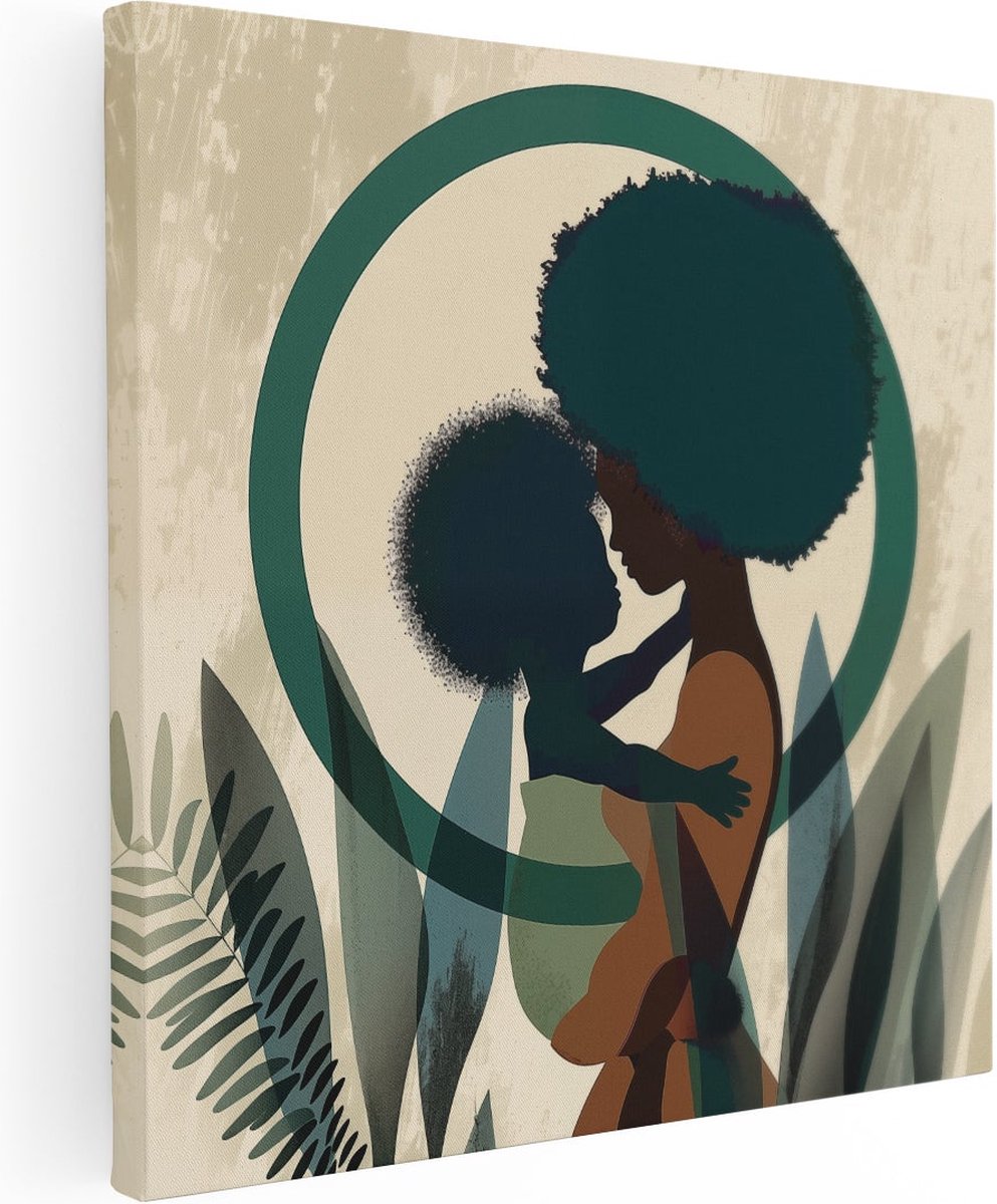 Artaza Canvas Schilderij Vrouw met Afrohaar en een Baby - 80x80 cm - Groot - Wanddecoratie Woonkamer - Schilderijen - Muurdecoratie