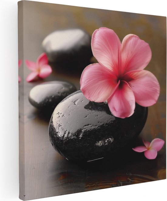 Artaza Canvas Schilderij Zwarte Stenen met een Roze Bloem - 80x80 - Groot - Foto Op Canvas - Canvas Print