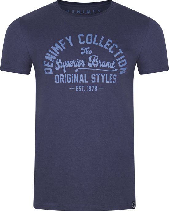 Donkerblauw T-shirt met blauwe print 'DENIMFY COLLECTION The Superior Brand ORIGINAL STYLES - EST. 1978 -'.