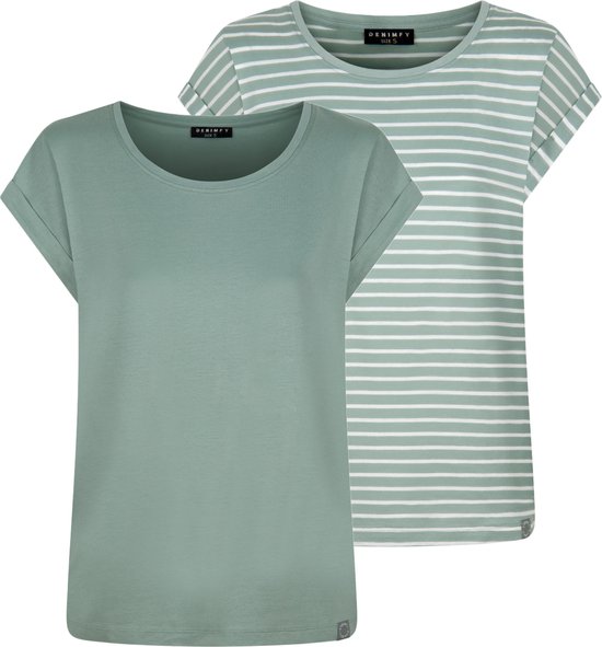 DENIMFY Top Femme DFSophie 2 Pack Regular Fit Vert Col Vache Adultes