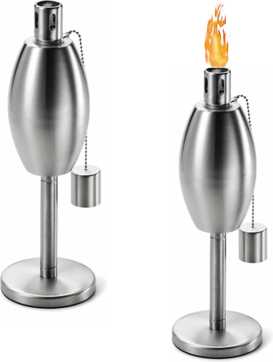 fire & Deco Tuinfakkel - olielamp met ovale oliecontainer, van geborsteld RVS en deksel/blusdop - 27 x 10 cm - 2 Stuks