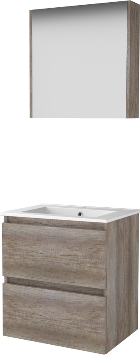 Basic Comfort 46 badmeubelset met spiegelkast, greeploze wastafelonderkast met 2 lades en porseleinen wastafel met 1 kraangat 60 x 46 cm, scotch oak