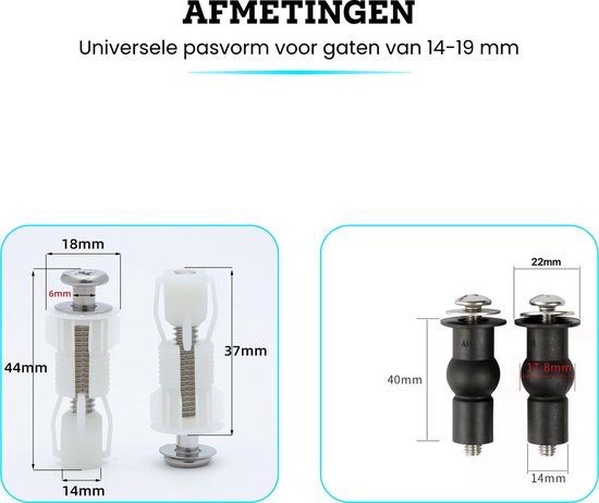 Afmetingen van toiletbril scharnieren: 44x14mm voor de witte variant en 40x14mm voor de zwarte variant.