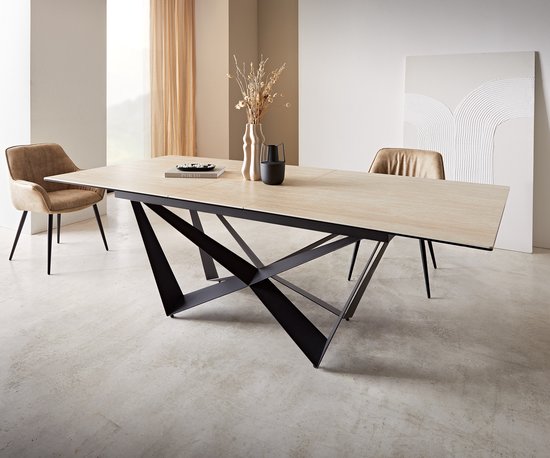 Table à manger Edge céramique Travertine naturel 180-220x100 araignée plate acier noir extensible