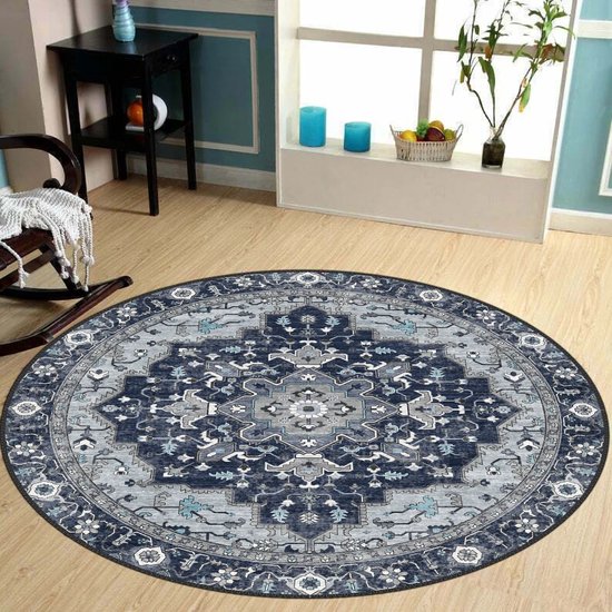 Rond blauw vintage vloerkleed met patroon 240cm