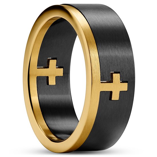 Unity | 8 mm Zwarte en Goudkleurige Ring met Kruis