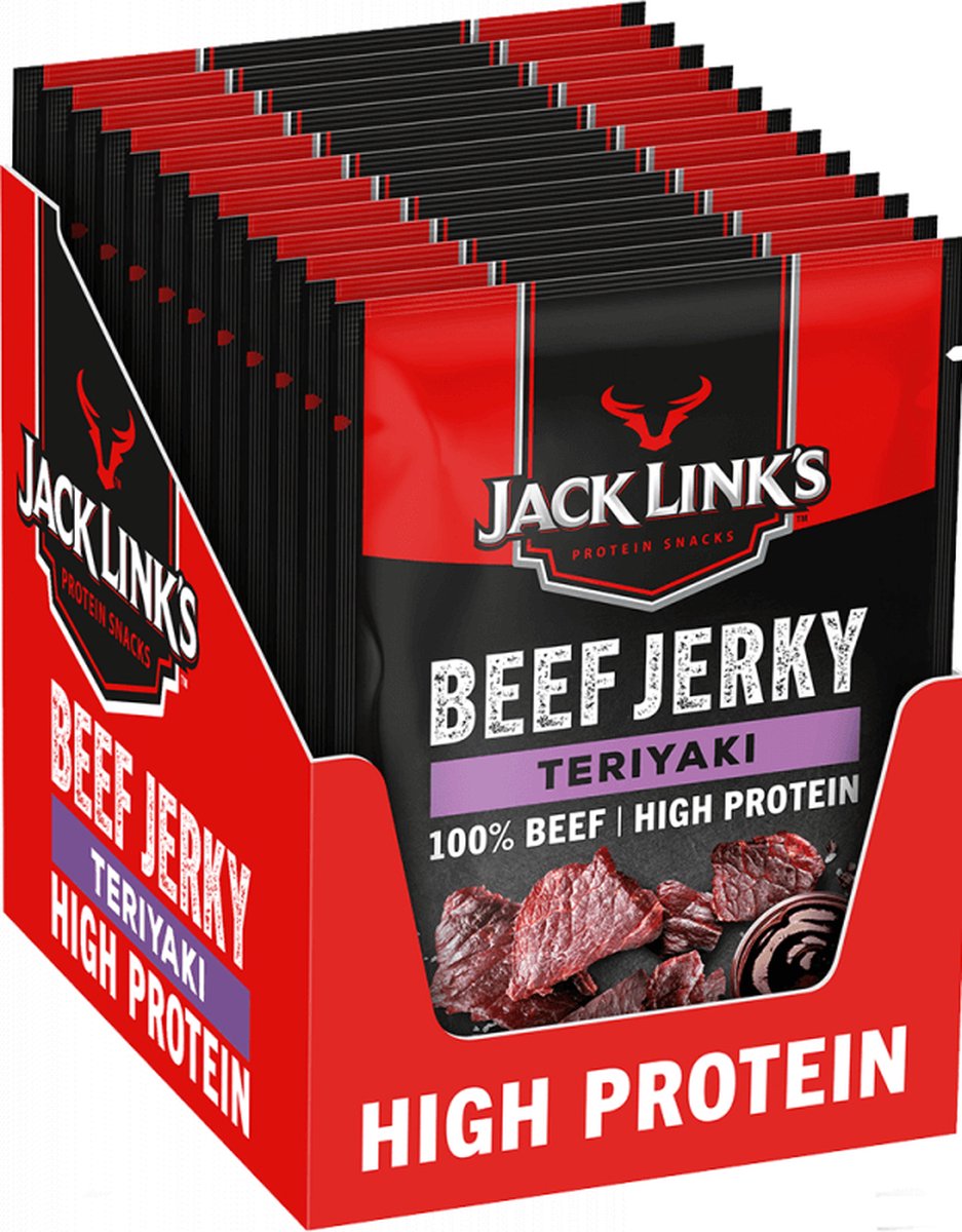 Jack Link's Teriyaki Beef Jerky - High Protein - 100% Beef - Hoog in Eiwitten - Ideale Proteine Snack - voor Tussendoor, Onderweg of voor het Sporten - 12x60g
