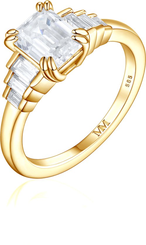 Rectanglo - 14k Geelgouden Smaragd Geslepen Moissanite Ring met Baguette Accenten - 1.75