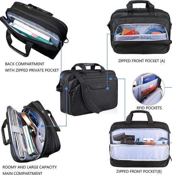 EMPSIGN Sacoche élégante pour ordinateur portable de 17,3 pouces, sacoche extensible pour homme, imperméable, Noir/blanc, Grand