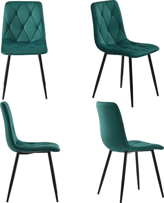 Merax Set de 4 chaises de salle à manger en velours – Chaises de salle à manger de Luxe en velours avec dossier – Chaises de cuisine avec structure en métal – Chaises au Design moderne – Vert foncé