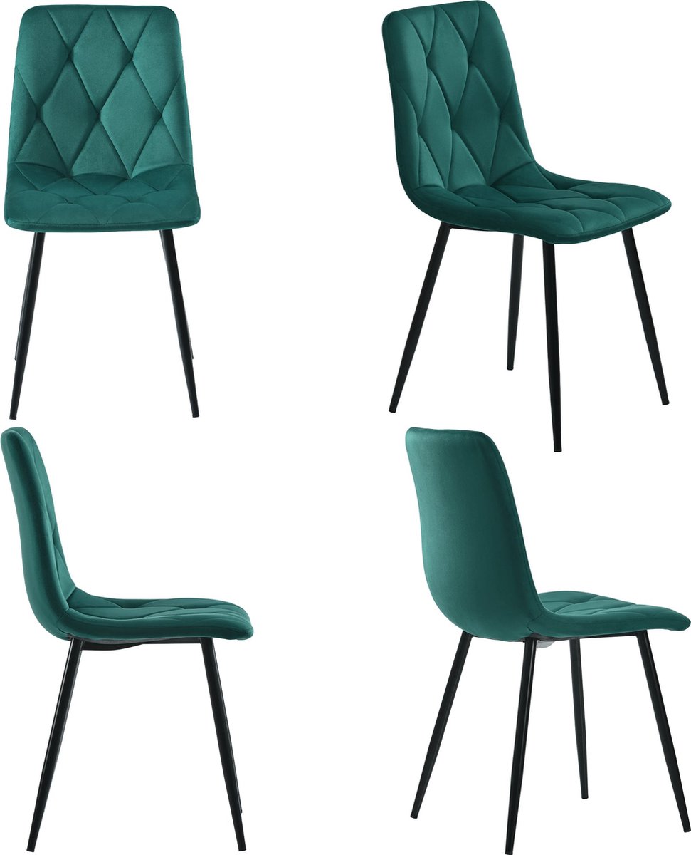 Merax Velvet Eetkamerstoel Set van 4 - Luxe Fluwelen Eetkamerstoelen met Rugleuning - Keukenstoelen met Metalen Frame - Stoelen in Modern Design - Donkergroen