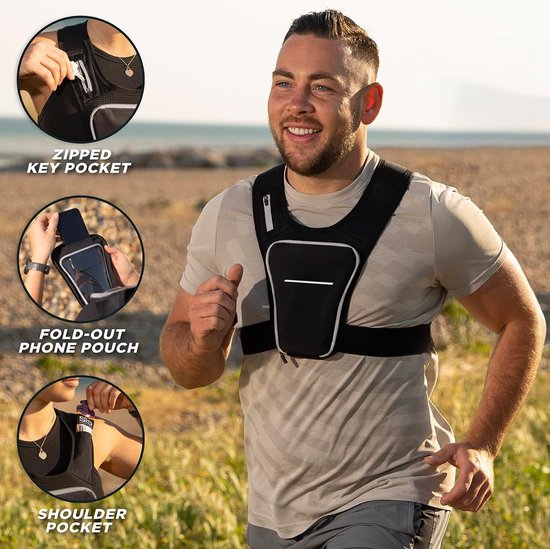 Hardloopvest Telefoonhouder met waterdicht zakje, verstelbare riem, reflecterend, 2 schouderzakken voor sleutels/gels, telefoons tot 6,8 inch ( unisex - volwassene