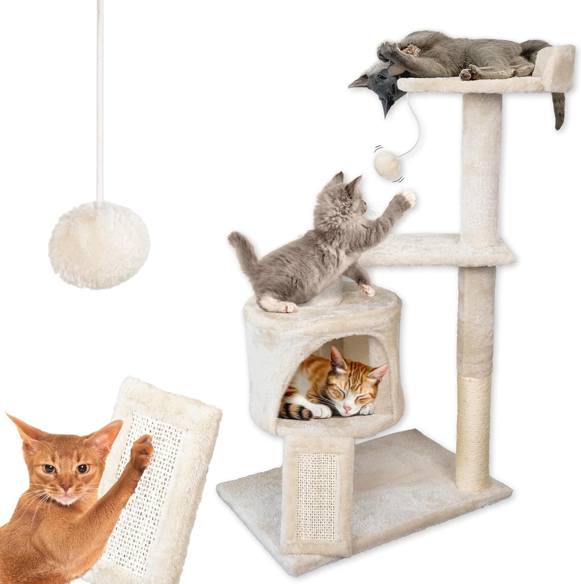 Luxe Krabpaal met Toren | Cat activity Tree met 2 sisal krabpalen, 88cm hoog – 3 platforms | Klimboom met Speelballen & Speelhuis | Kattenkrabpaal, Kattenaccessoires, Kattenmeubels, Kattenboom