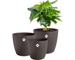 Elho the Coffee Collection Rond - Bloempotten gemaakt met Koffiedik - 100% Gerecycled - Set van 3 - Ø 14, 16, 18 cm - Espresso bruin