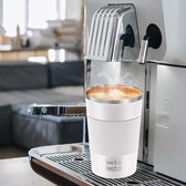 Reismok van 350 ml, geïsoleerde herbruikbare koffiekop met lekvrij deksel, roestvrijstalen reiskoffiemok draagbare koffiemok voor warme koffie en koud water (wit)