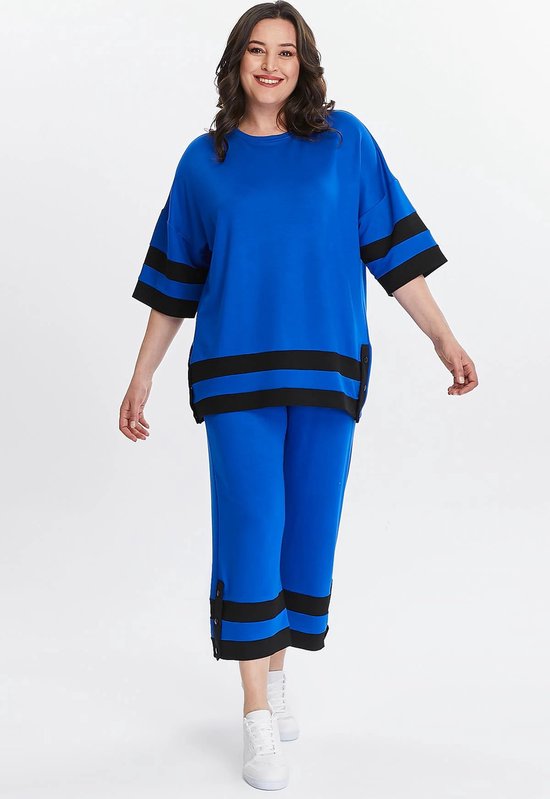 Dames Grote Maat Blauwe XXXL Trainingspak met Capribroek 3XL Fitness Tracksuit bol