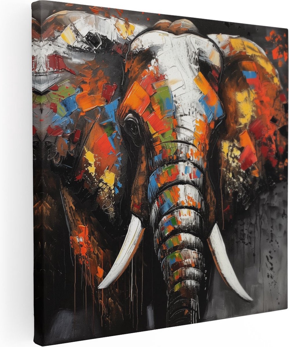 Artaza Canvas Schilderij Olifant met Kleurrijke Verf op zijn Slagtanden - Dieren - 30x30 cm - Klein - Wanddecoratie Woonkamer - Schilderijen - Muurdecoratie
