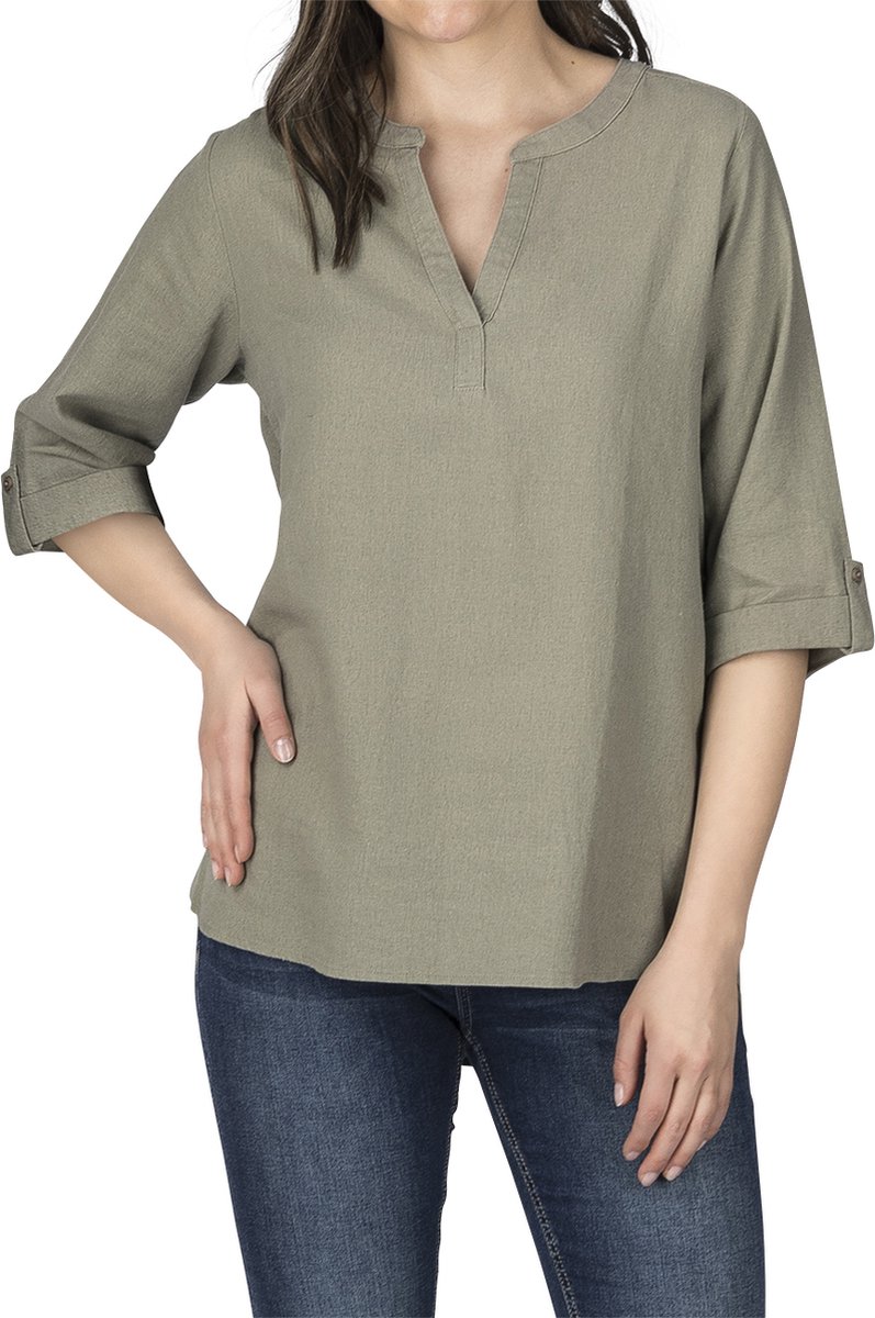 DENIMFY Dames Blouse DFSara regular fit Olijf XXL V Hals Volwassenen Linnen blouse - Zomerse blouse