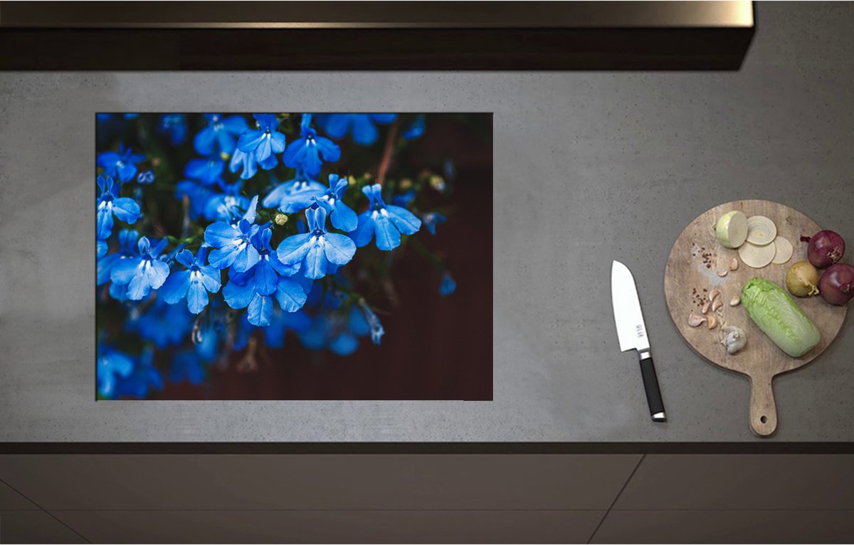 Inductieplaat Beschermer - Blauwe Tuinlobelie Bloemen voor Donkere Achtergrond - 70x51 cm - 2 mm Dik - Inductie Beschermer - Bescherming Inductiekookplaat - Kookplaat Beschermer van Zwart Vinyl