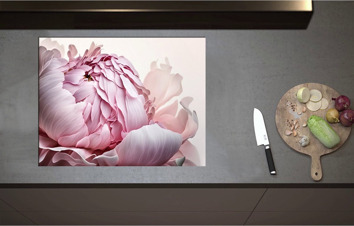 Inductieplaat Beschermer - Bloeiende Pastelroze Pioenroos Bloem op Pastelroze Achtergrond - 71x55 cm - 2 mm Dik - Inductie Beschermer - Bescherming Inductiekookplaat - Kookplaat Beschermer van Zwart Vinyl