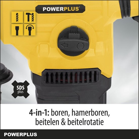 Gele klopboormachine met zwarte handgrepen en draaiknop voor functies: boren, hamerboren, beitelen, beitelrotatie. SDS-plus logo.