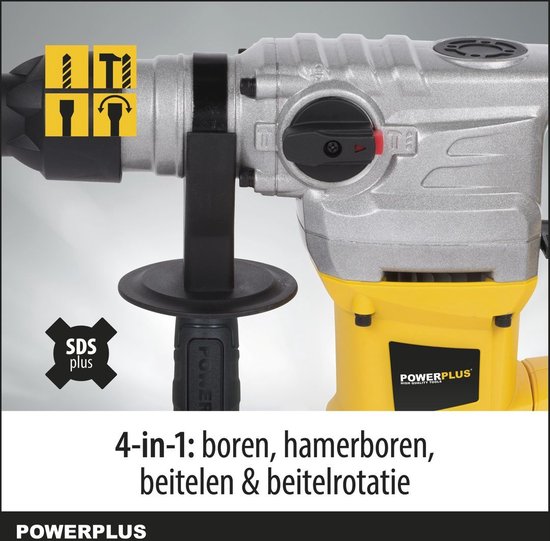 Close-up van een Powerplus klopboormachine met SDS plus-aanduiding, 4-in-1 functie.
