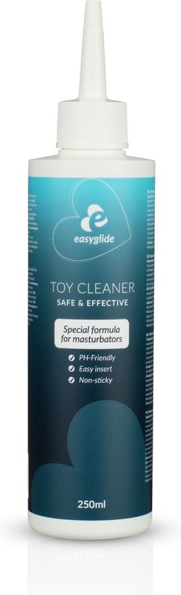 Witte fles EasyGlide Toy Cleaner, rechtopstaand op witte ondergrond. Blauw en teal label.