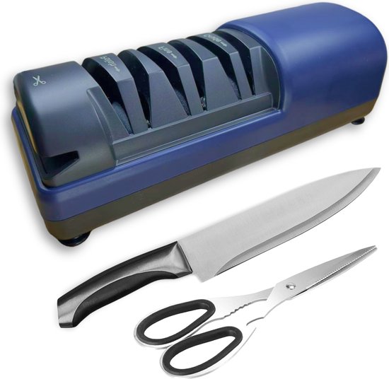 Foto: Jt products elektrische messenslijper donkerblauw electrische messen slijper scharenslijper knife sharpener doortrekslijper aanzetstaal slijpsteen 3 verschillende fases voor professionele en thuiskoks