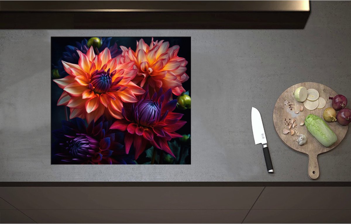Inductieplaat Beschermer - Boeket van Oranje en Paarse Bloemen - 60x55 cm - 2 mm Dik - Inductie Beschermer - Bescherming Inductiekookplaat - Kookplaat Beschermer van Zwart Vinyl